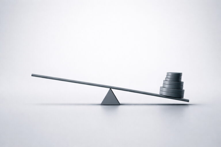 A balance scale tipping under increasing weight, illustrating how organizational complexity makes growth more expensive.